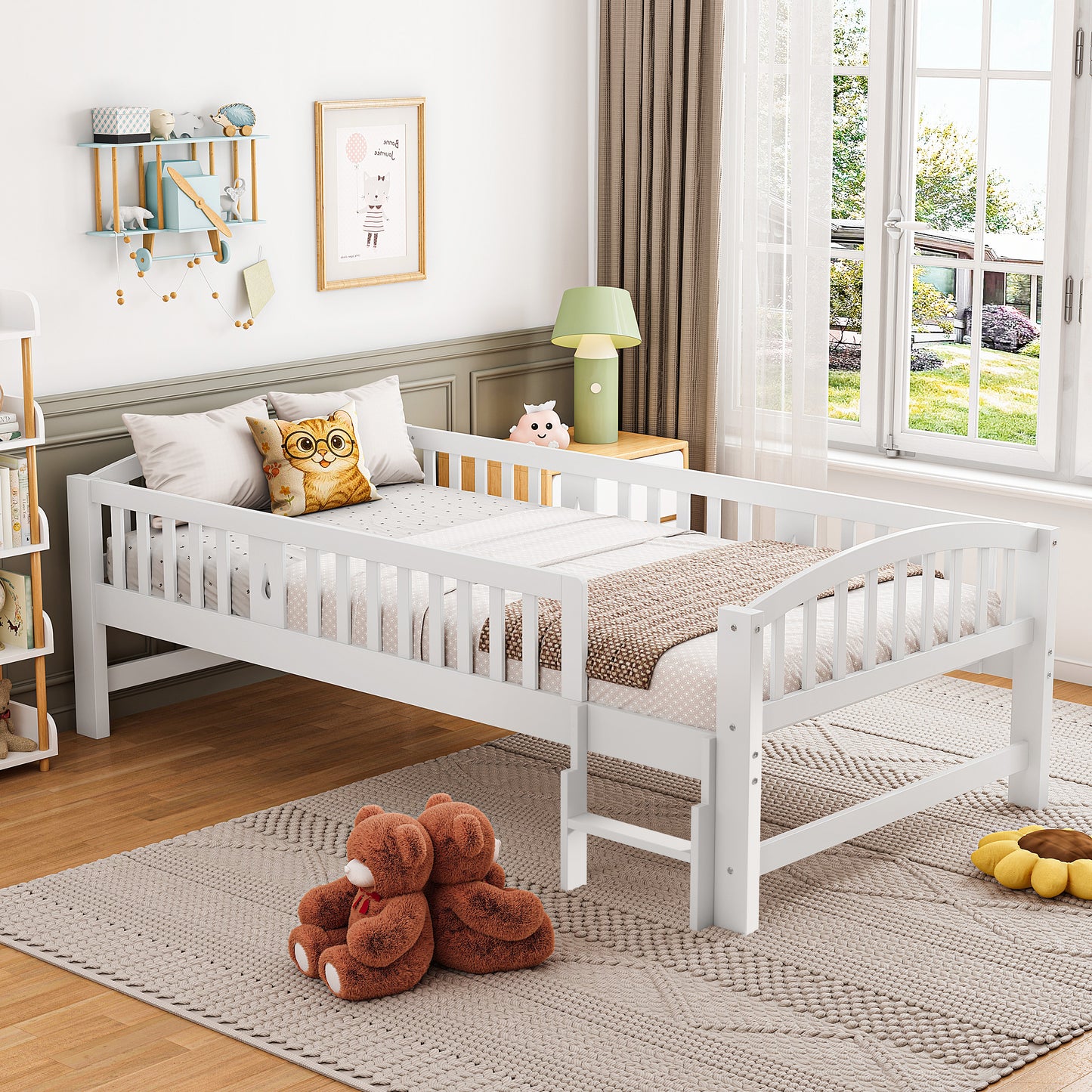 SESSLIFE Twin Size Platform Bed, Solid Wood Twin Bed Frame with Slats, Fence Guardrail Ladder, Twin Floor Bed with Strong Legs for Boys Girls, No Box Spring Needed, Holds 400 lbs, White
