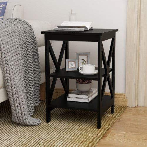 Sesslife Night Stand, Small Side Table with Shelf, 3 Tier Black End Table with Storage, End Tables for Living Room, Wood Side Tables