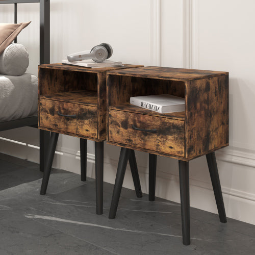 SESSLIFE End Side Table Set of 2 with a Drawer, Wood Bedside Table, Versatile Nightstand, Storage Shelf, Side Table for Home & Office, Brown