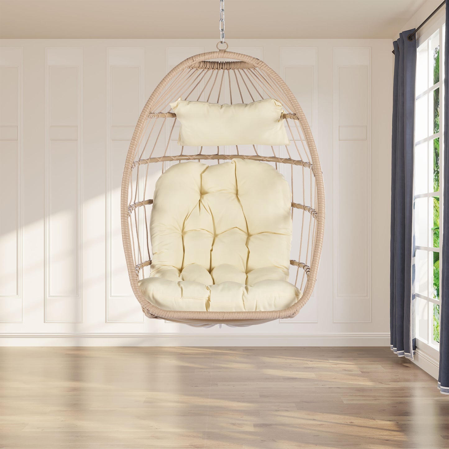 Sesslife Egg Chair Outdoor Indoor with Beige Cushion, Swing Chairs for Outside, Bedroom Patio Porch Garden Rattan Wicker Hanging Egg Chair, Aluminum Frame Basket Chair 280 lbs Capacity