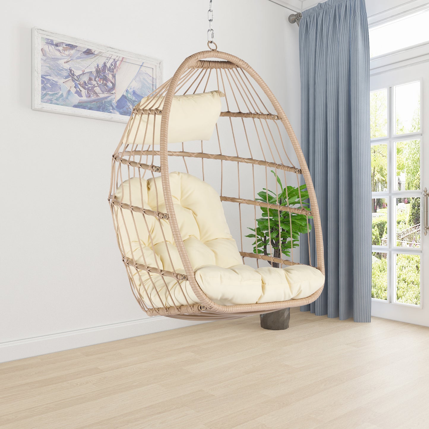 Sesslife Egg Chair Outdoor Indoor with Beige Cushion, Swing Chairs for Outside, Bedroom Patio Porch Garden Rattan Wicker Hanging Egg Chair, Aluminum Frame Basket Chair 280 lbs Capacity