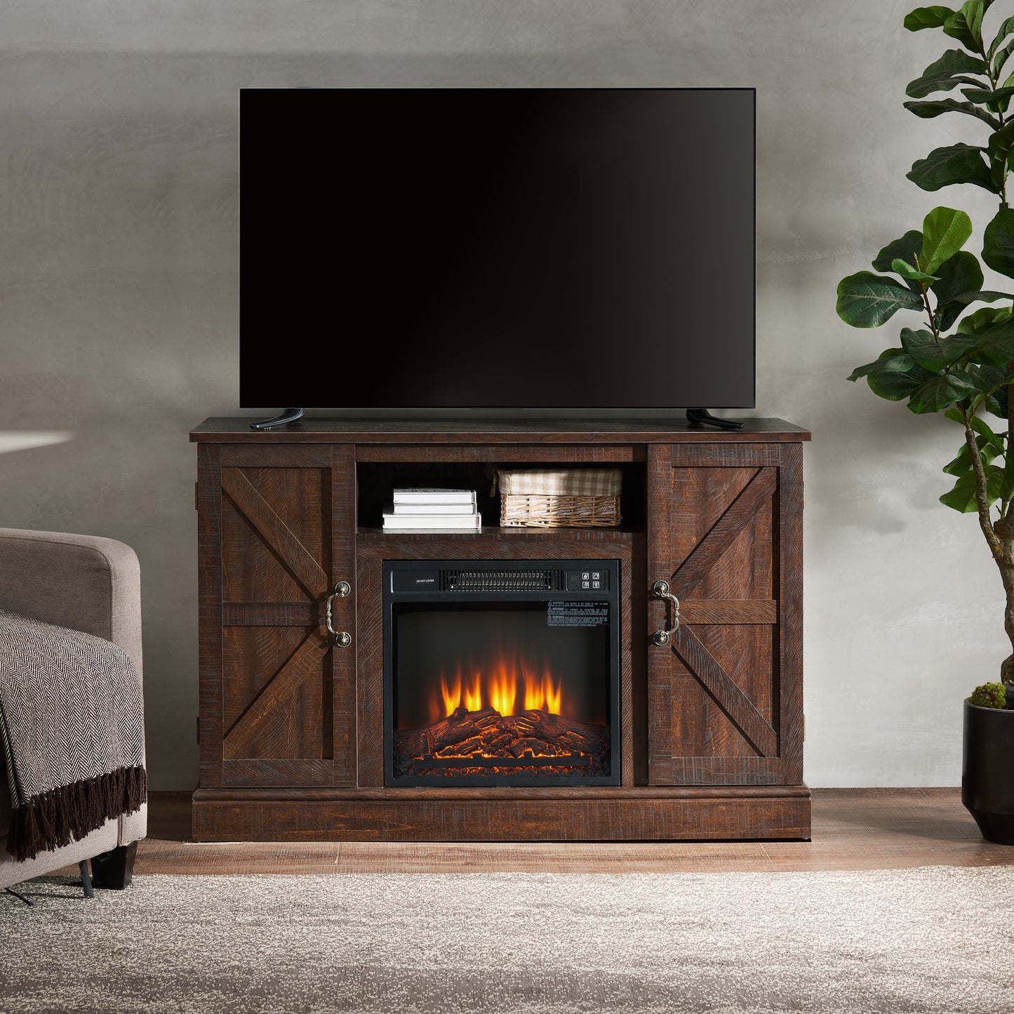 SESSLIFE Modern TV Stand for 55 Inch TV, TV Console with Electric Fireplace, Console Entertainment Center Television Table for Living Room or Bedroom, Light Gray