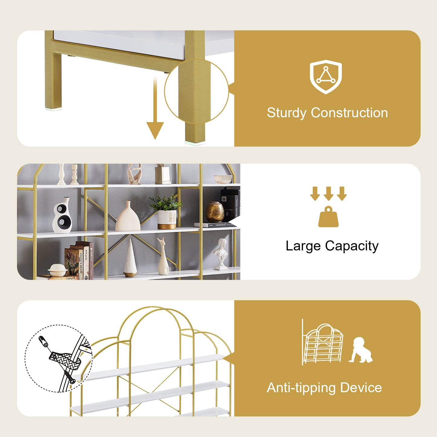 5 Tiers Bookcase Bookshelf, Modern Display Shelf, Freestanding Tall Bookshelf with Round Top and X Bar Gold Frame, Etagere Bookcase for Office, Golden/White