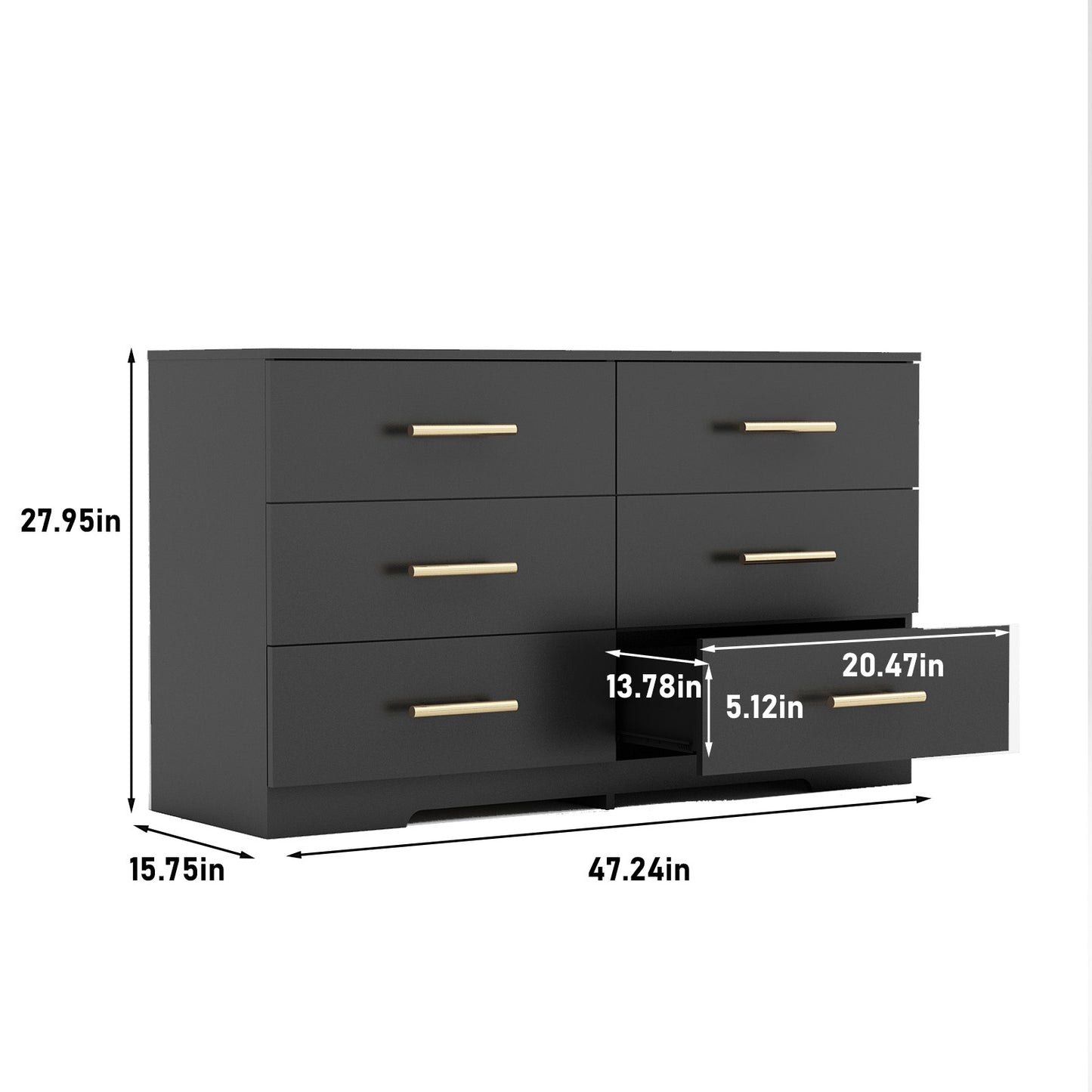 6-Drawer Dresser, Wooden Dresser for Bedroom with Golden Handle, Modern Chest of Drawers, Black