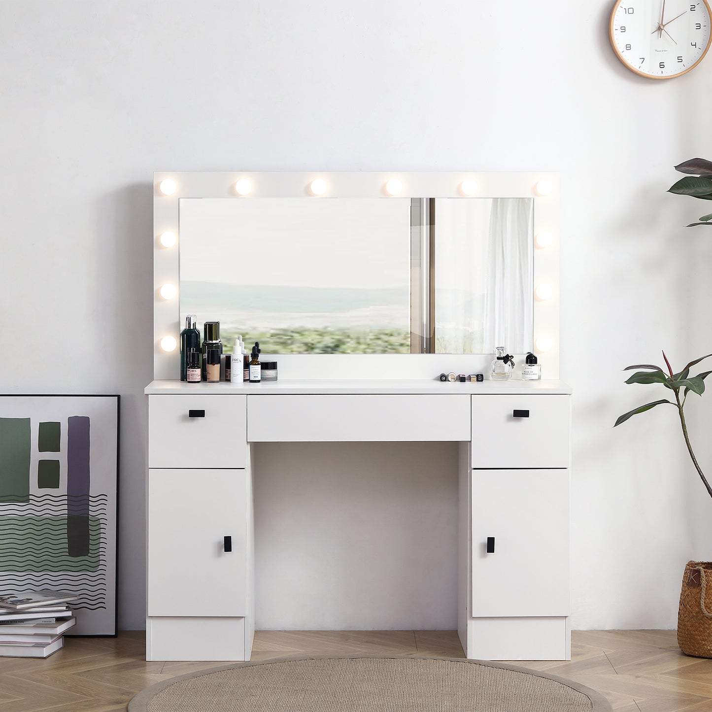 Makeup Vanity Table, Wood Vanity Desk with Mirror, 3 Color Lighting Modes Adjustable, Modern Storage Dressers with 3 Drawers for Bedroom, White