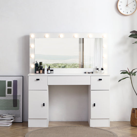 Makeup Vanity Table, Wood Vanity Desk with Mirror, 3 Color Lighting Modes Adjustable, Modern Storage Dressers with 3 Drawers for Bedroom, White