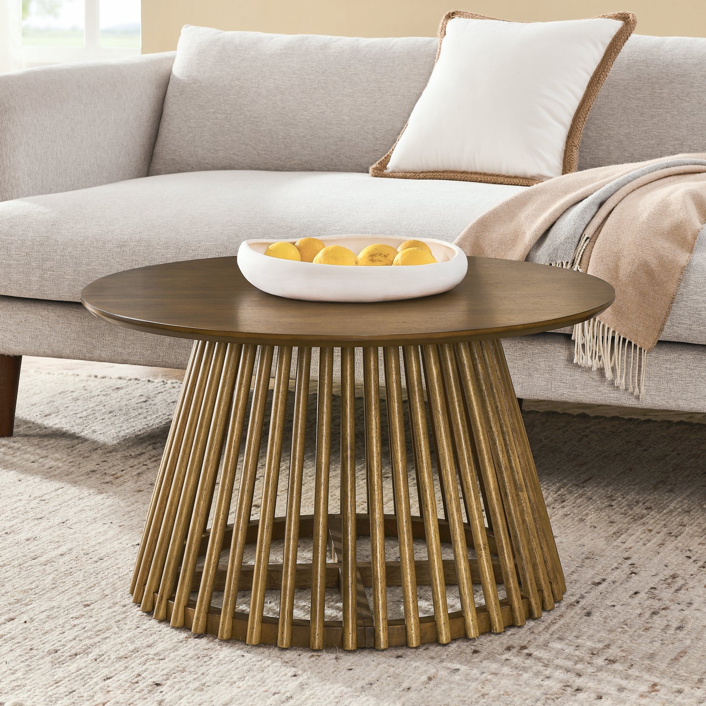 Round Coffee Table, Solid Wood Center Table, Modern Side Table for Living Room, Home Office, Brown/Yellow