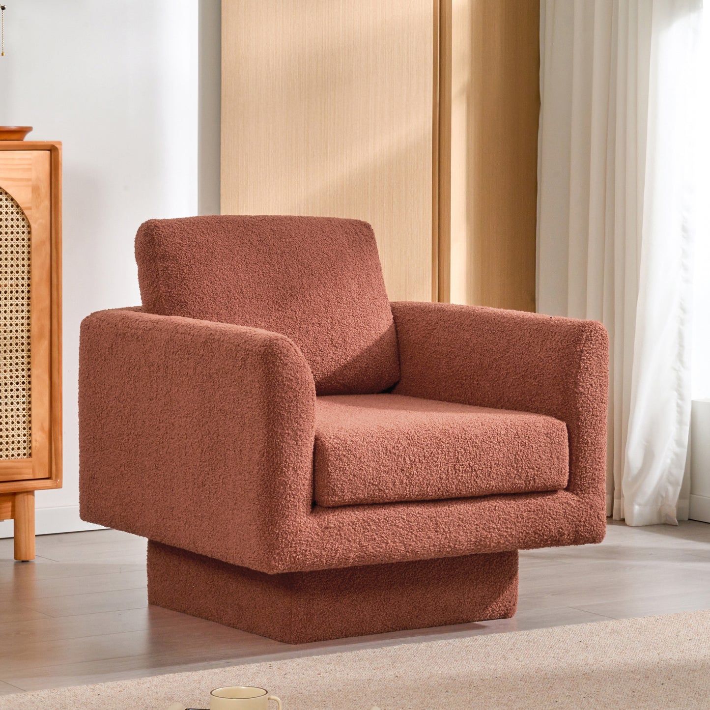 CASEMIOL 360° Swivel Decorative Chair, 30" Round Sherpa Plush Armchair with 6 Inch Thick Cushion, Comfortable Upholstered Armchair for Living Room, Bedroom, Nursery, Book Club, Red