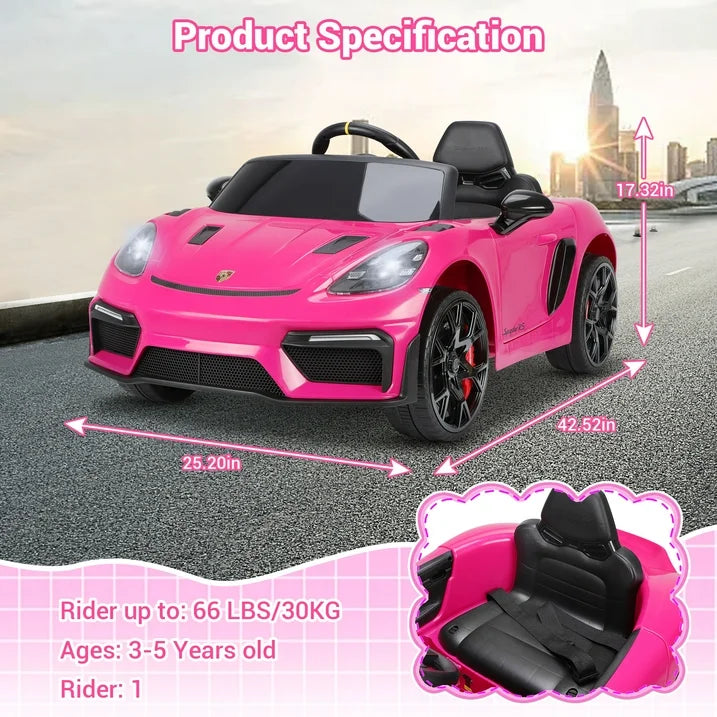 12V Kids Ride on Toys with Remote Control, Porsche Sports Ride on cars W/4 Wheels Suspension, Bluetooth, Music Player, LED Lights, Trailer Wheels, Soft Start,12V Electric Car for Girls Boys, Pink