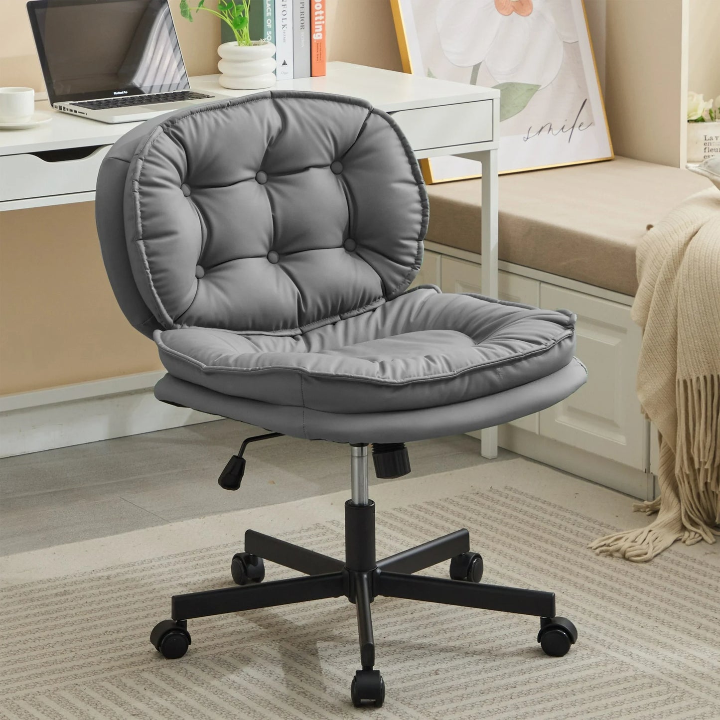 PORKISS Home Office Chair with Wheels, Ergonomic Mid Back Swivel Office Desk Chair, Computer Desk Chair for Adults Teens, White