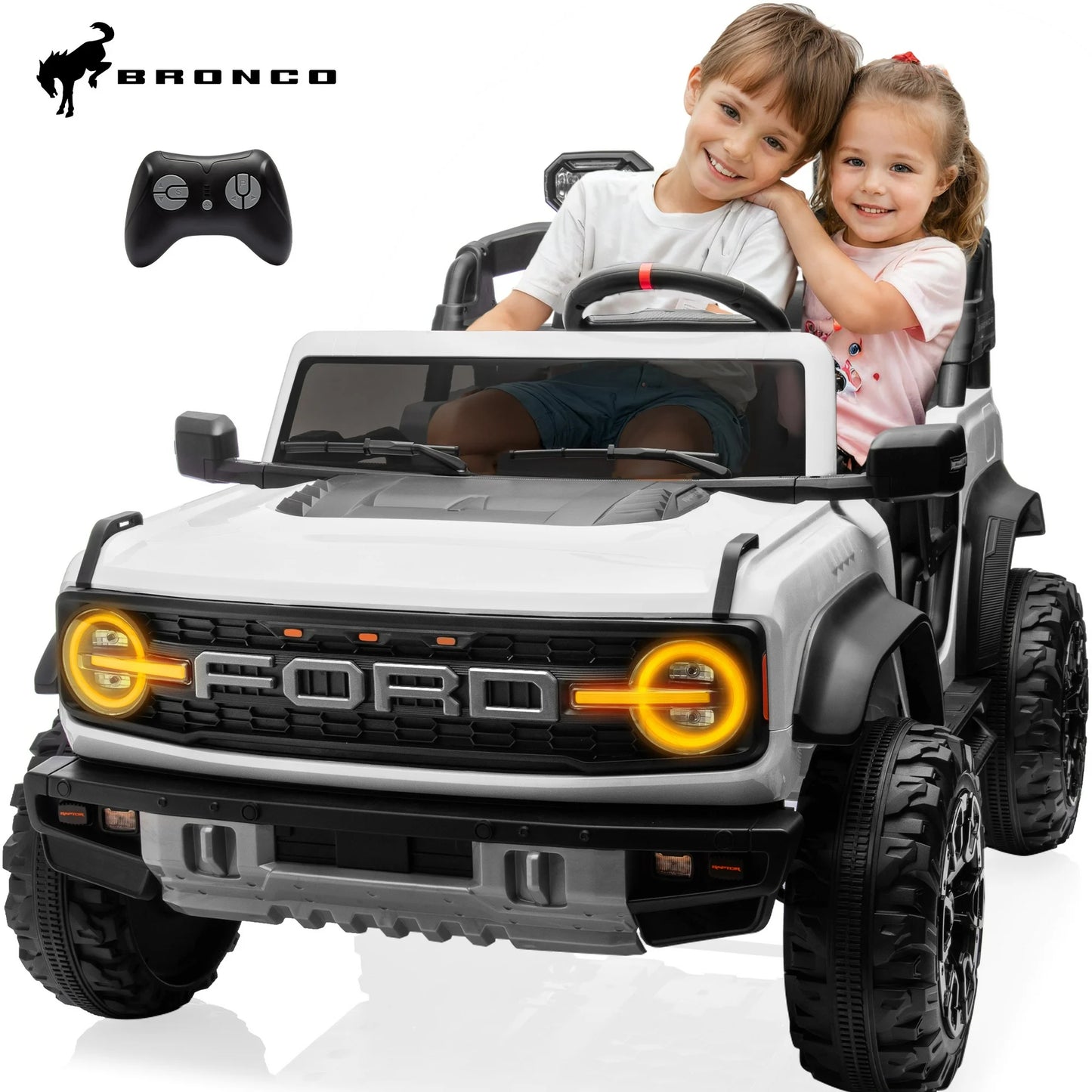 24V Powered Kids Ride on Toy Cars with 2 Seater, Ford Bronco Raptor Extra large Ride on Toys with Remote Control, LED, MP3, 4 Wheel Spring Suspension Electric Cars Ride on Truck for Boys Girls Gifts