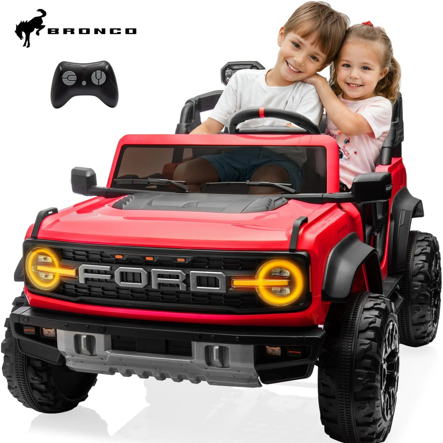 24V Powered Kids Ride on Toy Cars with 2 Seater, Ford Bronco Raptor Extra large Ride on Toys with Remote Control, LED, MP3, 4 Wheel Spring Suspension Electric Cars Ride on Truck for Boys Girls Gifts