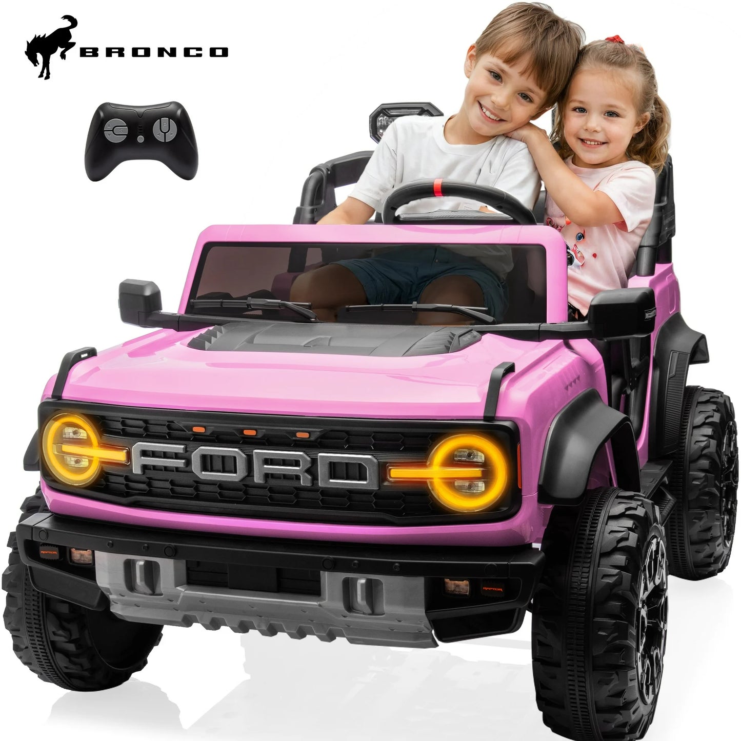 24V Powered Kids Ride on Toy Cars with 2 Seater, Ford Bronco Raptor Extra large Ride on Toys with Remote Control, LED, MP3, 4 Wheel Spring Suspension Electric Cars Ride on Truck for Boys Girls Gifts