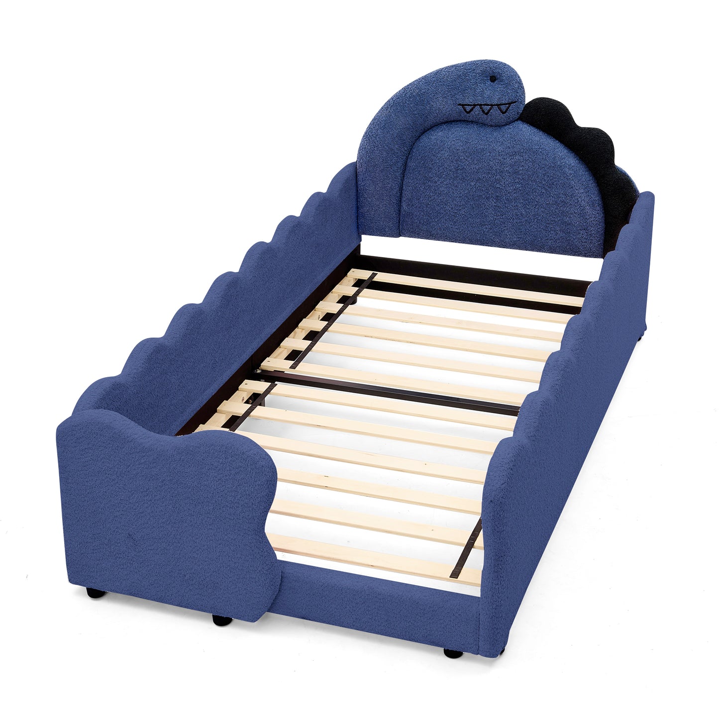 Sesslife Twin Size Floor Bed with Fence, Upholstered Twin Size Platform Bed with Cute Dinosaur Shaped Headboard for Boys Girls, Wood Twin Bed Frame with Safety Guardrail and Salts for Age 3-7