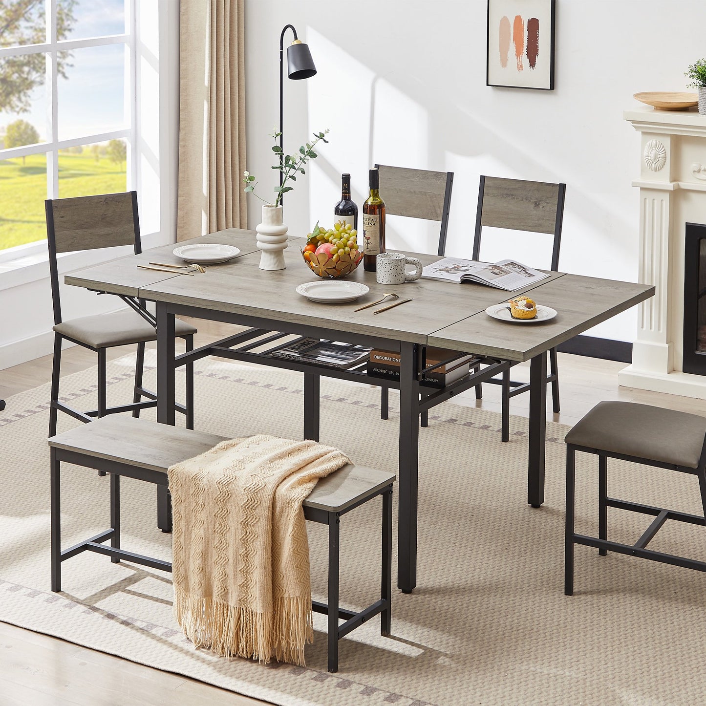 Drop Leaf Dining Table for 4-6 People, Folding Kitchen Dining Table with Storage Rack and Steel Legs, Extendable Dining Room Tables for Kitchen Living Room