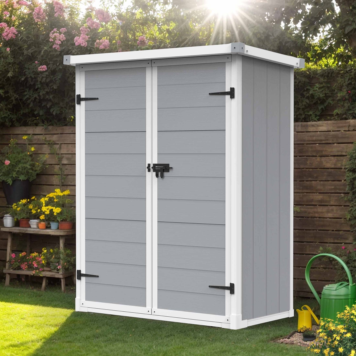 Sesslife 4.4x5.5 ft Outdoor Resin Storage Sheds, Resin Garden Shed with Duty Sloping Roof,Flat Floor, Lockable Door and Adjustable Divider for Backyard Garden Patio Lawn, Grey