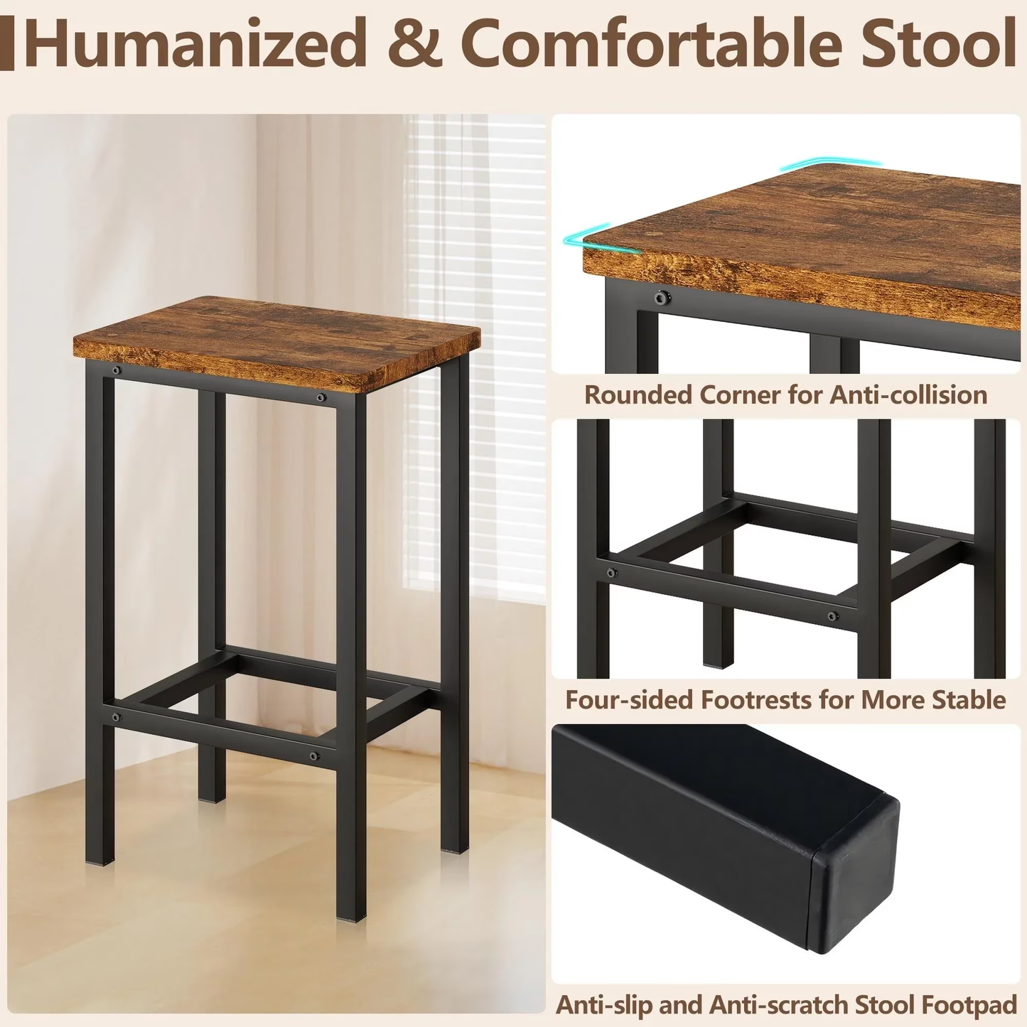 Enyopro Bar Table and Stools, Modern Dining Table Set with 3 Stools, Woode Extra Long Pub Table and Chairs, Saving Space for Kitchen, Patio Restnaurant Bistro, Brown