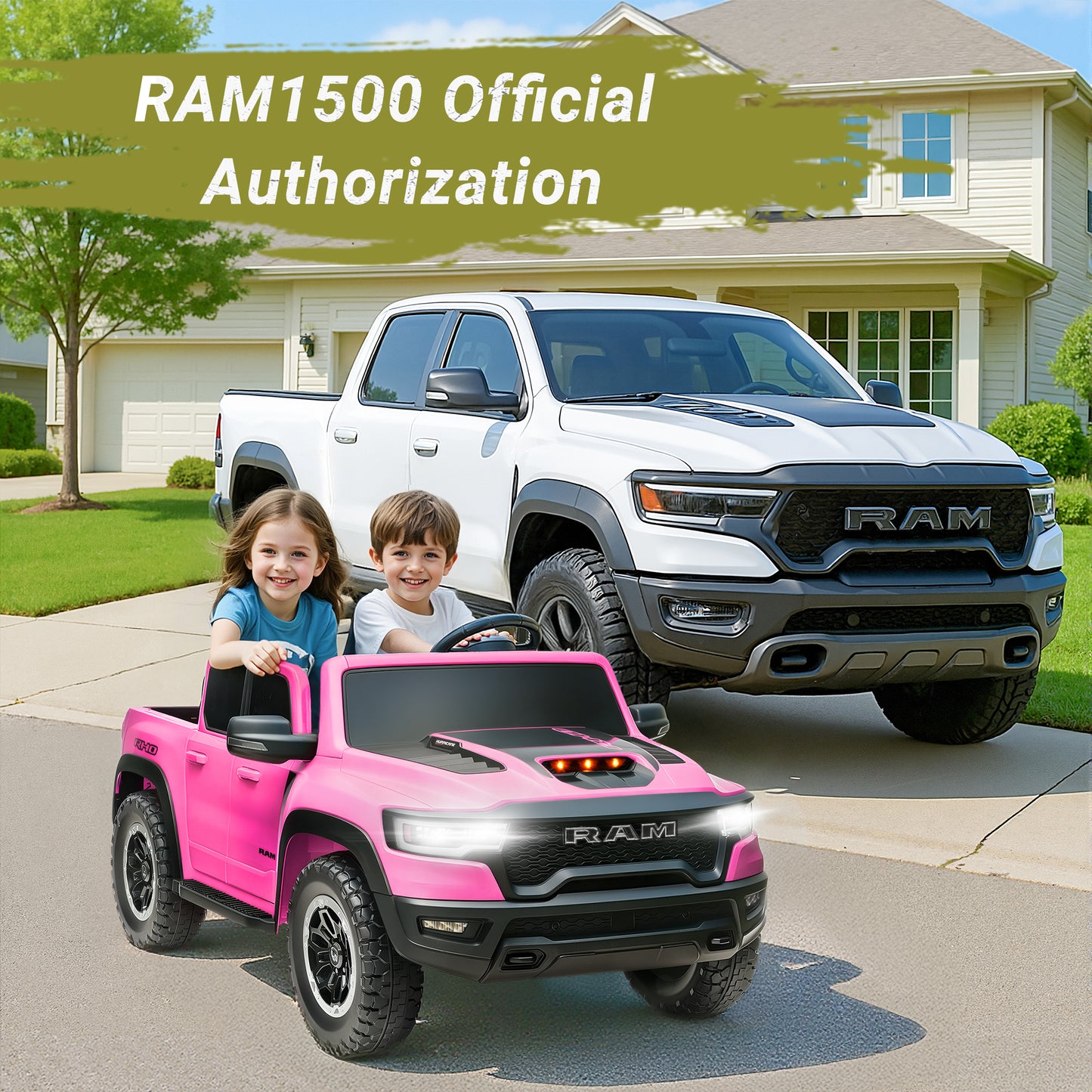 2 Seater Ride on Cars for Kids, RAM 1500 Extra large Real 24V Powered Ride on Toys with Remote Control, LED Light, MP3 Player, Electric Vehicles Ride on Truck for Boys Girls Gifts, Pink