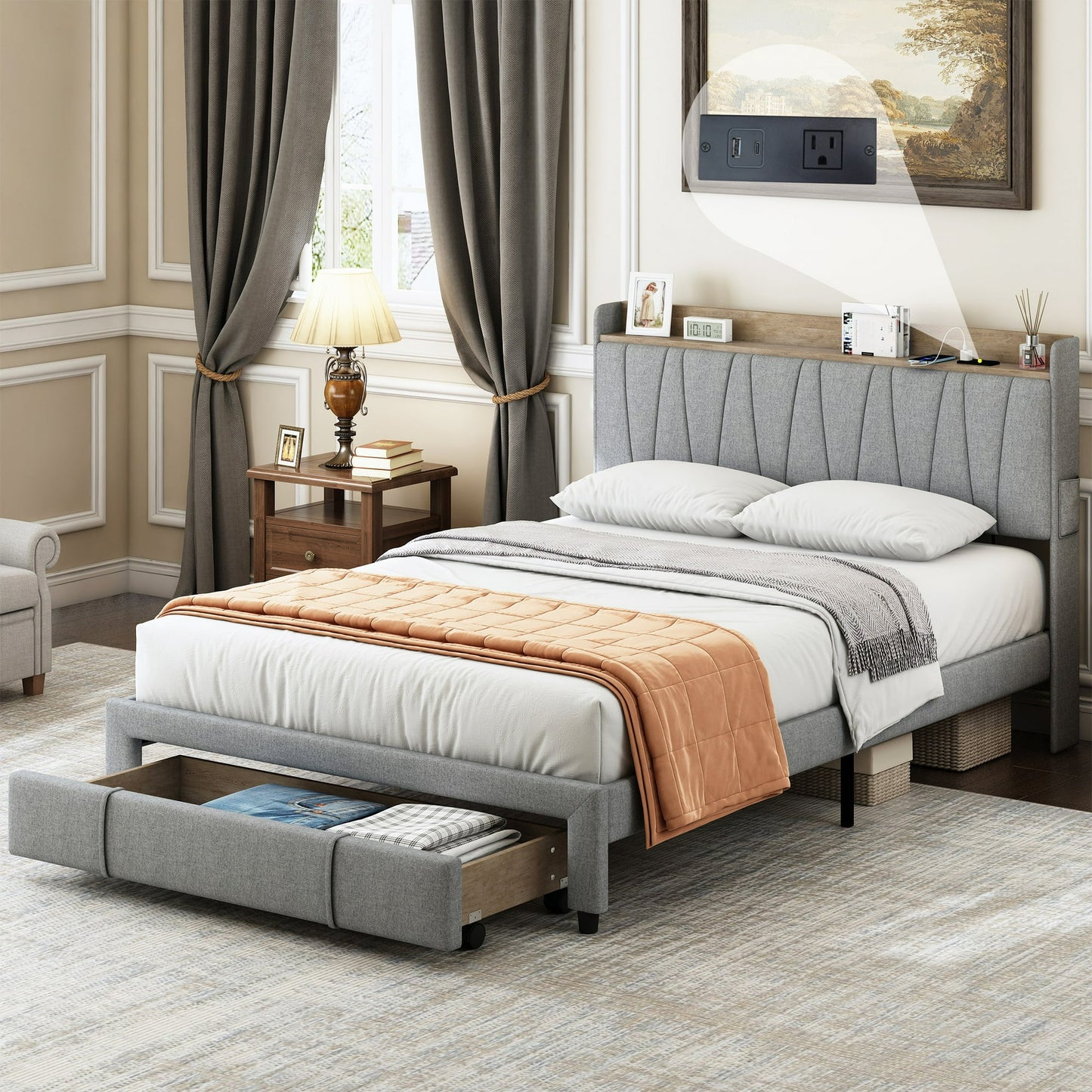 Sesslife Queen Size Bed Frame with Storage Headboard and Charging Station, Upholstered Platform Bed with Drawers and Large Under Bed Space, Strong Wood Slats Support, No Box Spring Needed, Gray