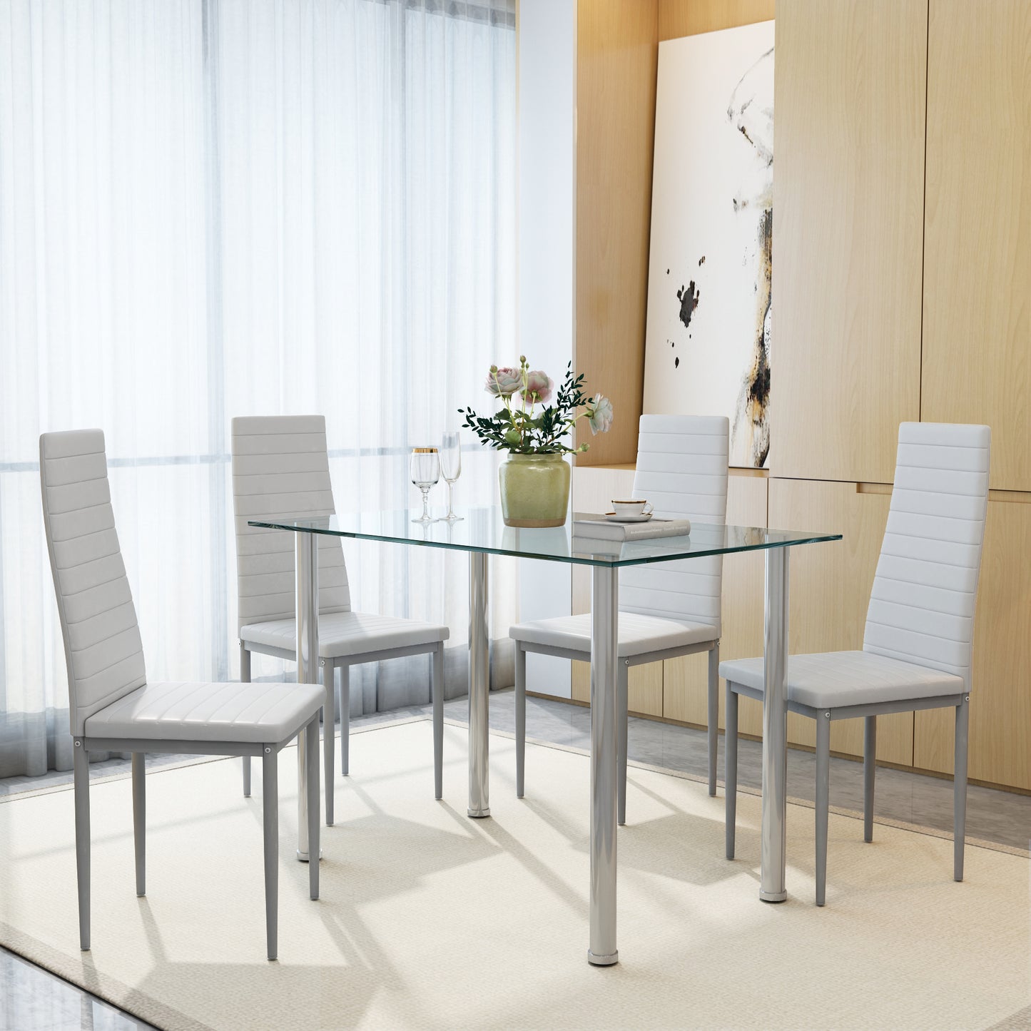 Sesslife Dining Table Set for 4, Modern Kitchen Table with Faux Leather Upholstery Chairs, 5-piece Rectangular Kitchen Table Set, Small Space Dining Table, Living Room Occasions Furniture, White