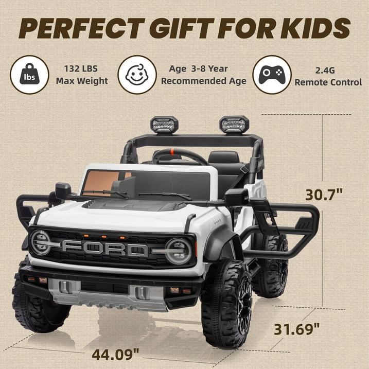 24V Powered Kids Ride on Toy Cars with 2 Seater, Ford Bronco Raptor Extra large Ride on Toys with Remote Control, LED, MP3, 4 Wheel Spring Suspension Electric Cars Ride on Truck for Boys Girls Gifts
