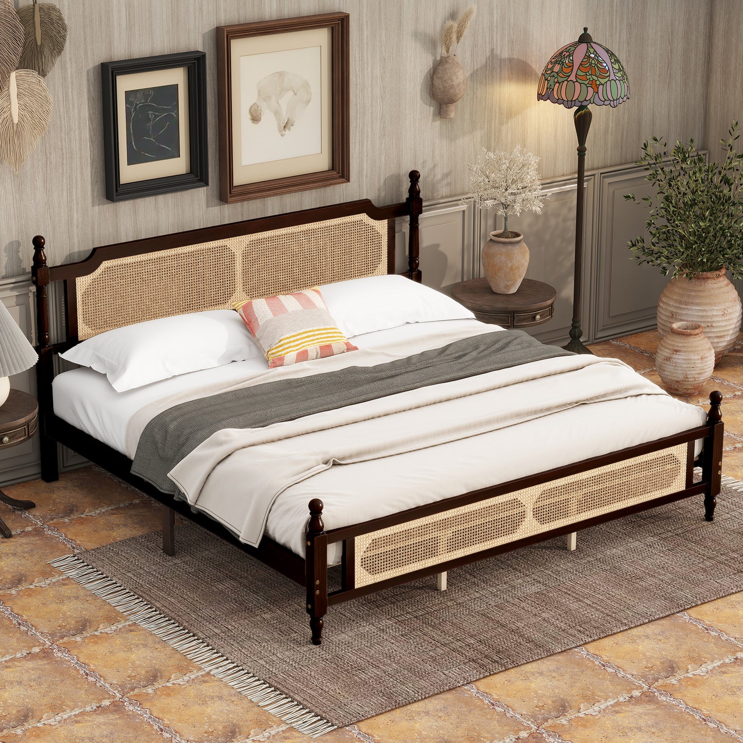 King Platform Bed Frame, Wood King Size Bed Frame with Rattan Headboard, Modern Bed Frame King with Central Enhanced for Adults, No Box Spring Needed, Walnut