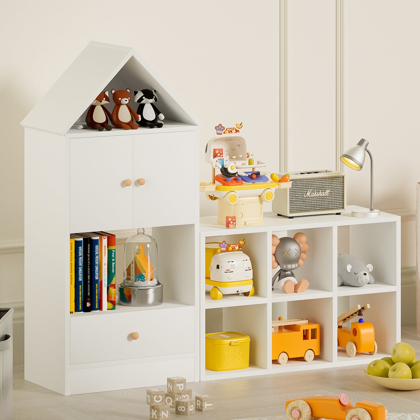 Bookshelf for Kids, Wooden Kids Bookshelf with House-Shaped Design, Modern Toy Organizer with Storage for Children’s Playroom, Bedroom, White