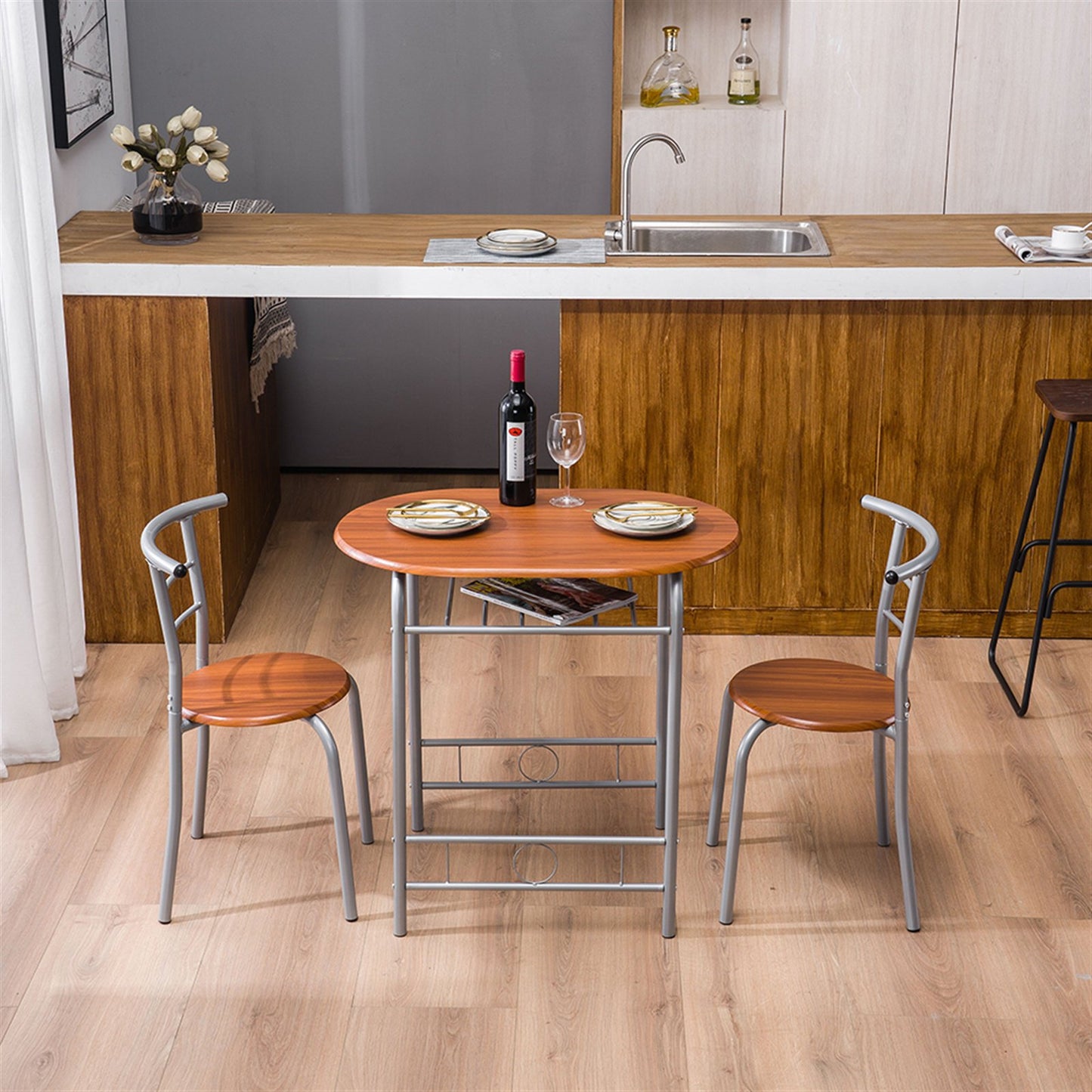 3 Piece Bistro Table Set, Small Kitchen Table Set for 2, Wooden Bar Dining Table Set with Metal Frame & Shelf Storage, Brown