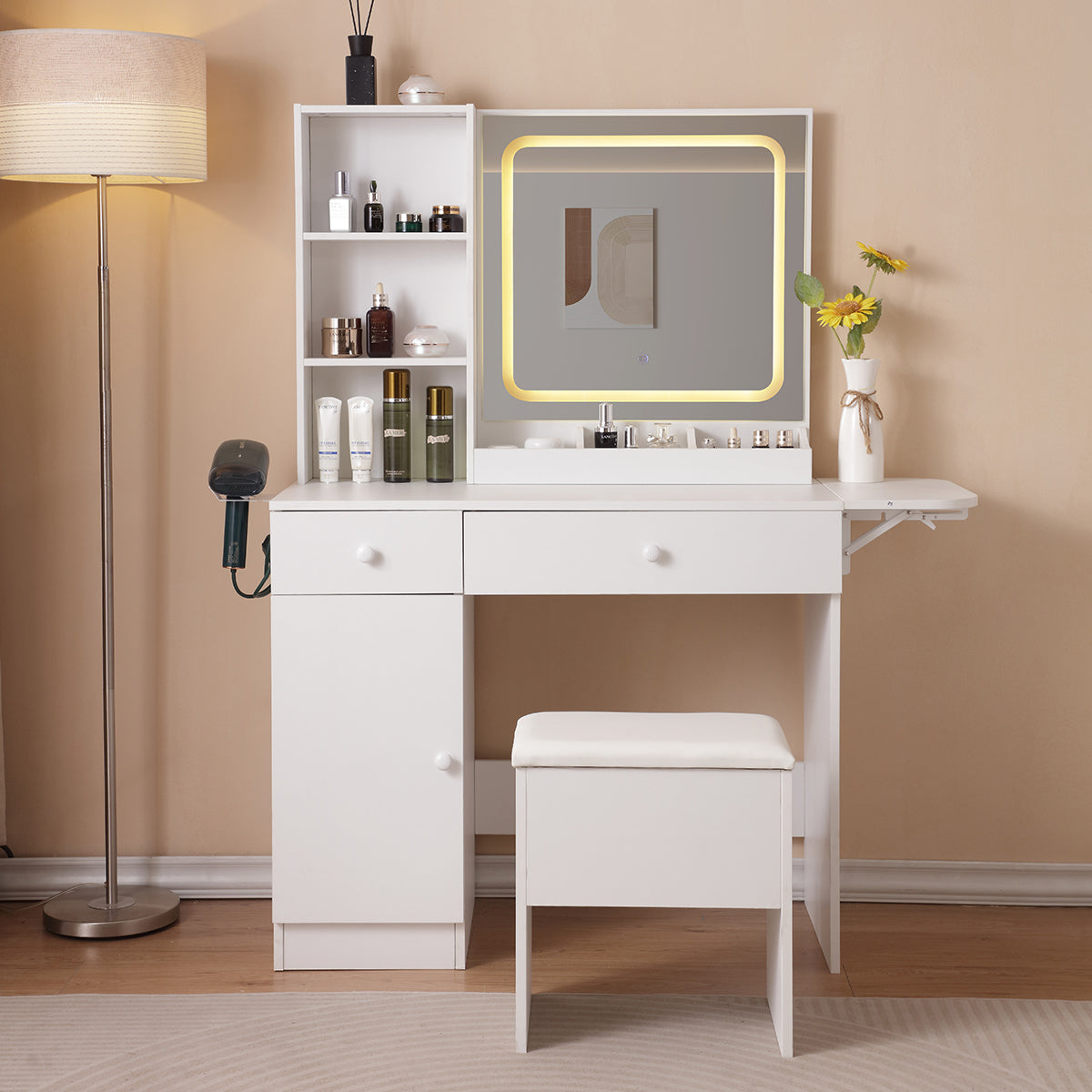 Sesslife Vanity Set with Storage Stool and Lighted Mirror, Makeup Dressing Table with Charging Station, 2 Drawers and Storage Cabinet, Vanity Desk with Foldable Panel and Hair Dryer Rack, White
