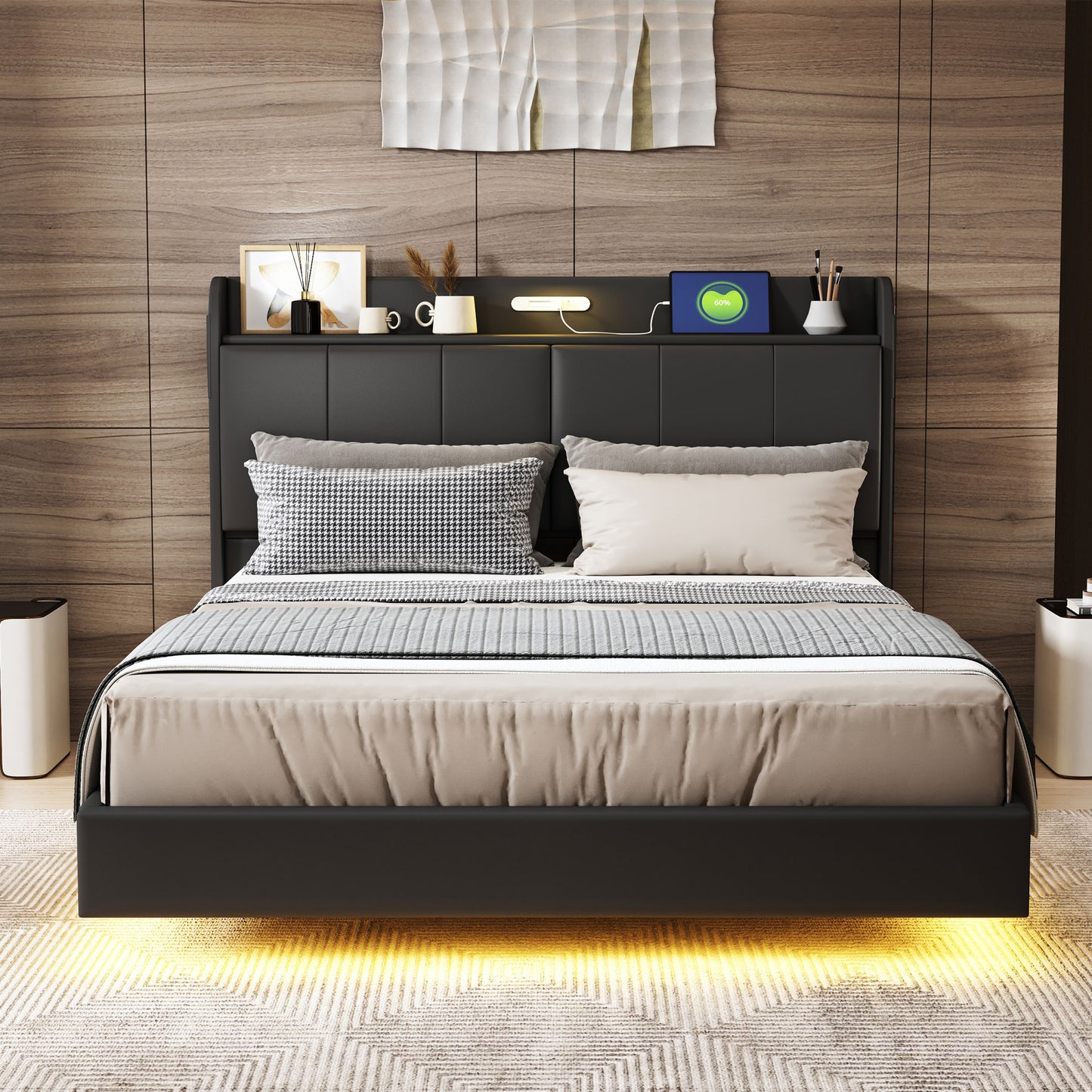 Queen Bed Frame, Modern Floating Platform Bed with Headboard and Shelves, Upholstered Platform Bed with Touch Sensor Night Light and USB Charger for Bedroom, No Box Spring Needed, Beige
