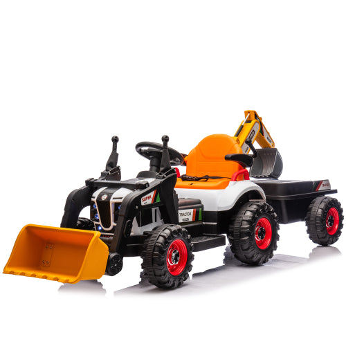 24V Ride On Electric Tractor Toy for Kids with 4 in 1 Attachments (Excavator, Dump Truck, Bulldozer), Remote Control, Bluetooth Music, Swivel Seat, LED, Electric Cars for Boys Girls Ages 3-6
