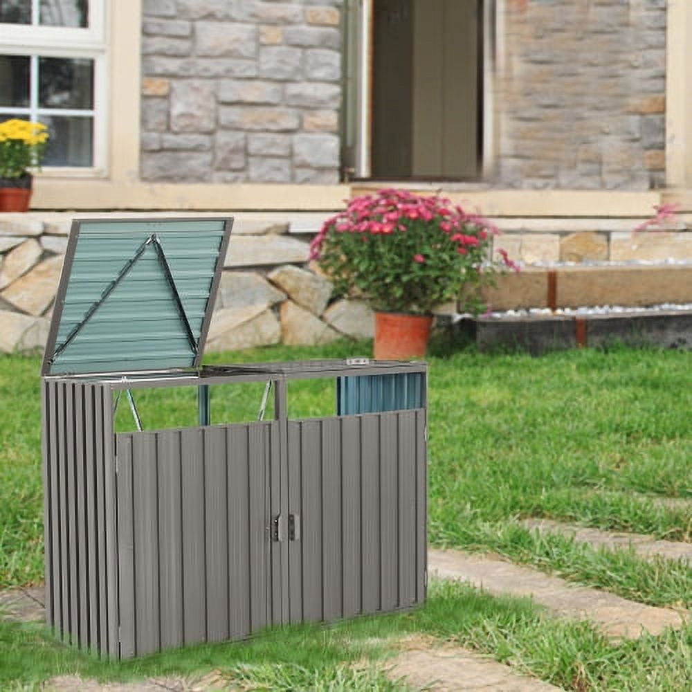 Enyopro 62.99"x31.49"x48.03" Metal Garbage Bin Shed – Double Door Design, Corrosion-Resistant Galvanized Steel, for Garden, Yard, and Lawn Storage, Grey
