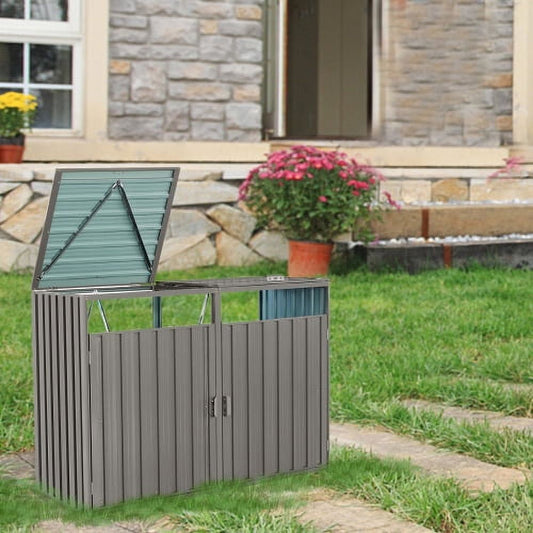 Enyopro 62.99"x31.49"x48.03" Metal Garbage Bin Shed – Double Door Design, Corrosion-Resistant Galvanized Steel, for Garden, Yard, and Lawn Storage, Grey