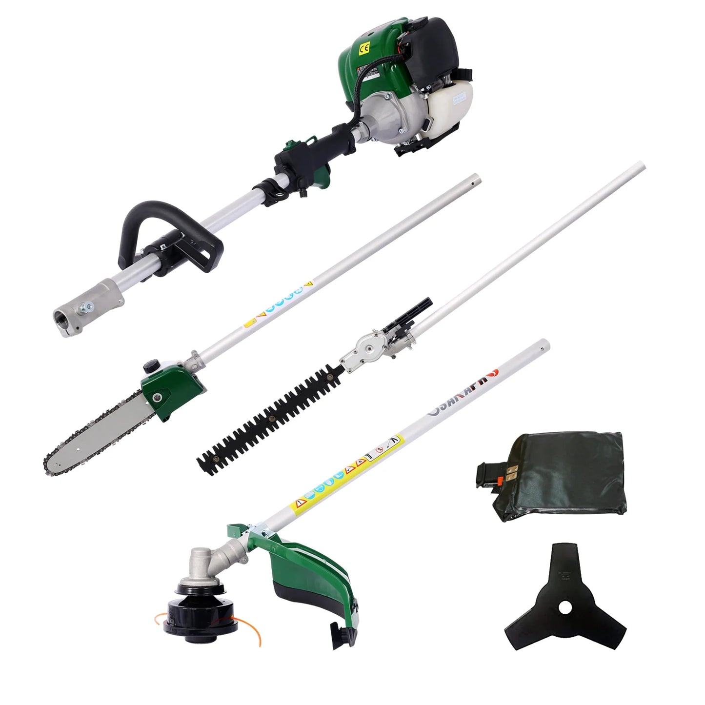 31CC Gas Powered Weed Eater, Sesslife 4 in 1 Grass Trimmer with Gas Pole Saw, Hedge Trimmer, Grass Trimmer, Brush Cutter, 2-Cycle Full Crankshaft Grass Edger Lawn Mower for Yard Garden, Green