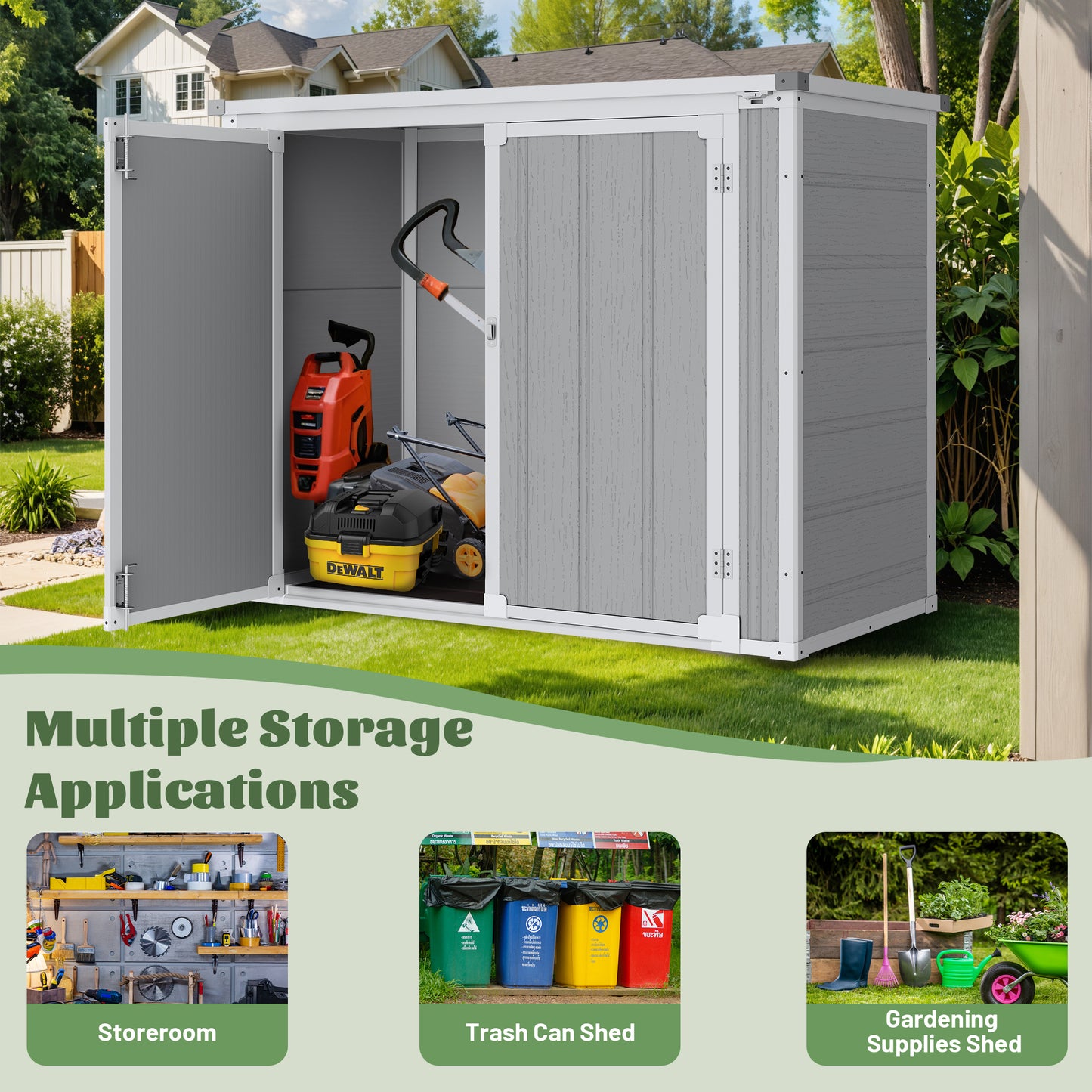 41 cu.ft Outdoor Garbage Shed, Horizontal Resin Storage Shed, Resistant Tool Shed for Storage of Bike/Trash Cans/Garden Tools/Lawn Mowers, 55.9"L x 29.52"W x 43.3"H Gray