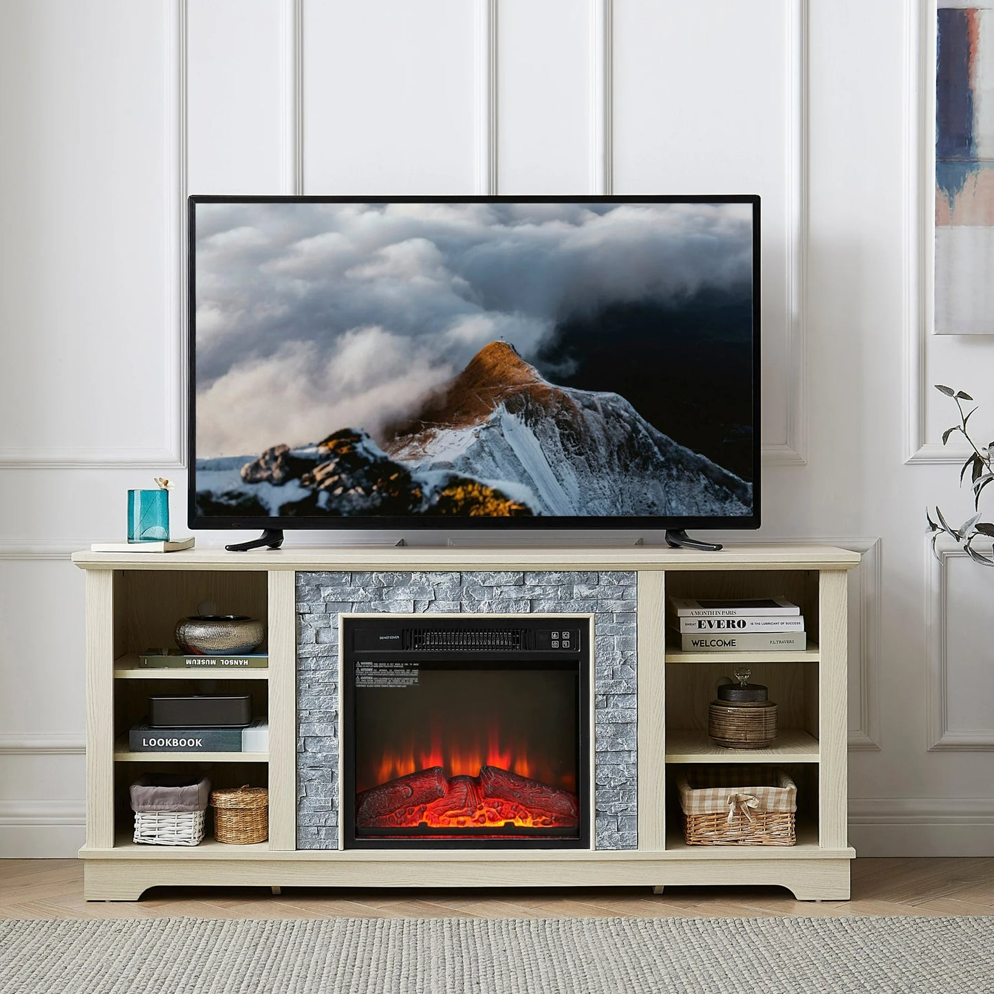 Sesslife Electric Fireplace TV Stand with Remote for 70" TVs, Farmhouse Media Entertainment Center with Faux Stacked Stone Surrounded for Living Room, Wood TV Console Table with Open Shelves, Cherry