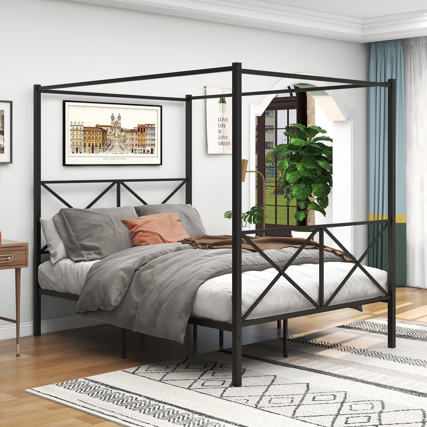 Sesslife Queen Size Canopy Bed Frame, Metal Platform Bed with Headboard and Footboard, Canopy Bed Curtain Not Included, Large Under Bed Space, Strong Metal Slats Support, No Box Spring Needed, BlackB
