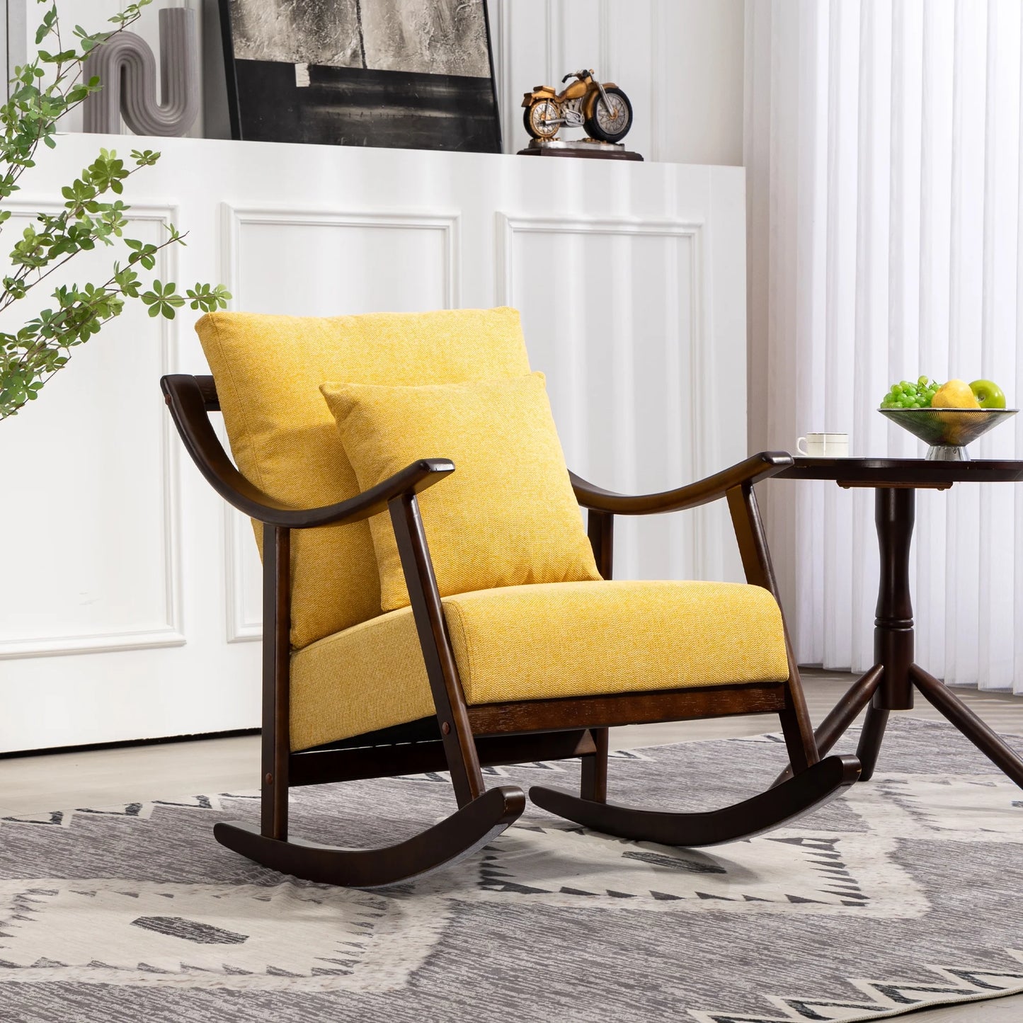 Modern Rocking Chair with Padded Lumbar Pillow, Mid-Century Accent Chairs with Solid Wood Frame for Living Room Bedroom Playroom, Brown