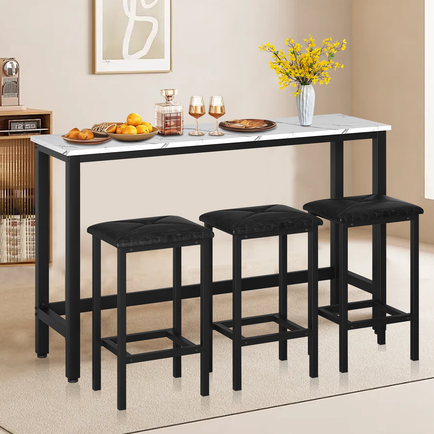 Enyopro Dining Table Set for 3, Modern Dining Room Table Set with 3 Upholstery Stools, Bar Table Set, Saving Space Restaurant Bistro Table Set