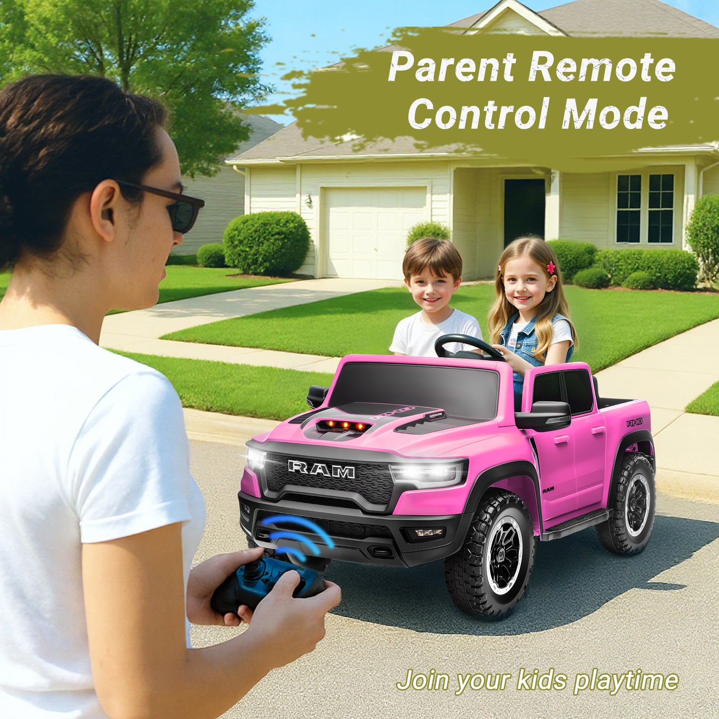 2 Seater Ride on Cars for Kids, RAM 1500 Extra large Real 24V Powered Ride on Toys with Remote Control, LED Light, MP3 Player, Electric Vehicles Ride on Truck for Boys Girls Gifts, Pink