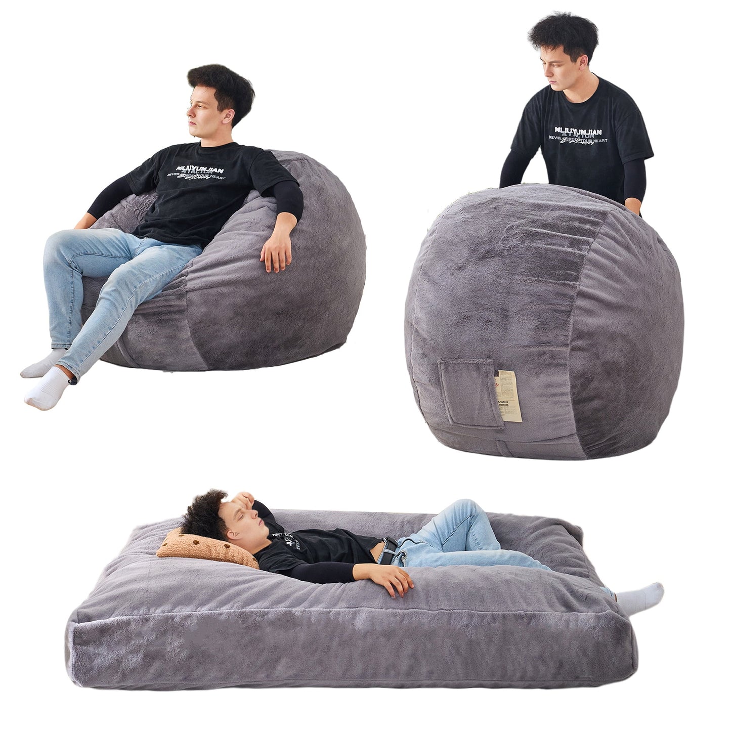 PORKISS Giant Bean Bag Chairs Bean Bag Bed for Adults, Convertible Bean Bag from Chair to Mattress, Lazy Sofa with Washable Faux Fur Cover for Dorm Bedroom Living Room, Adults Teens, White