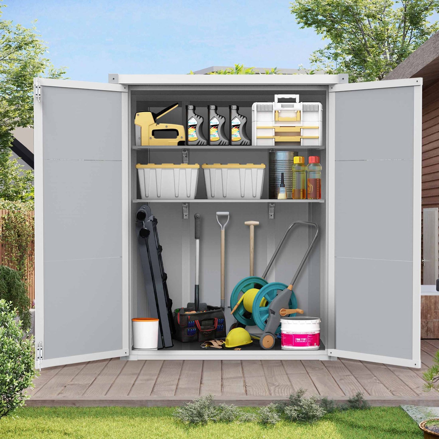 Sesslife 4.4x5.5 ft Outdoor Resin Storage Sheds, Resin Garden Shed with Duty Sloping Roof,Flat Floor, Lockable Door and Adjustable Divider for Backyard Garden Patio Lawn, Grey