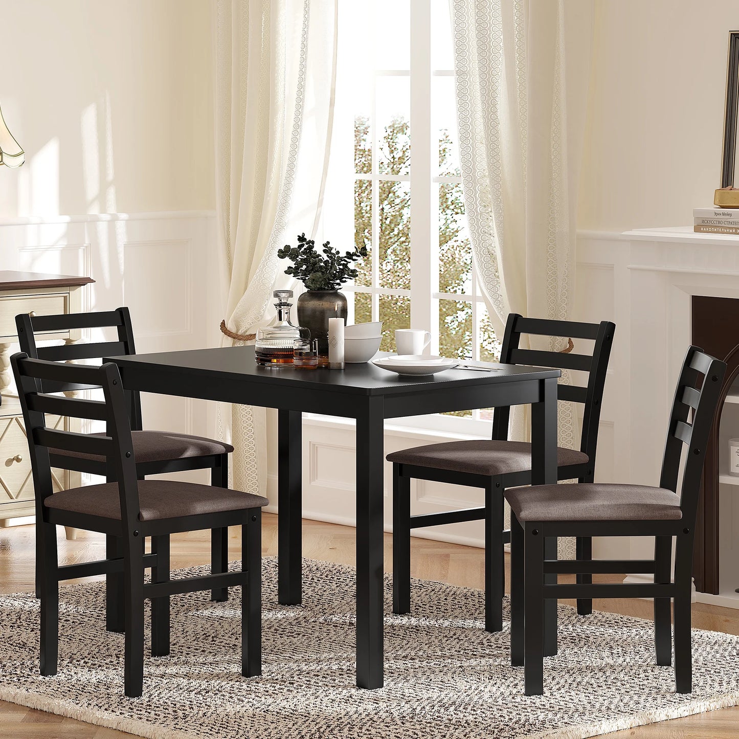 Sesslife 5PCS Dining Set for 4, Modern Dining Rectangle Table Set, Kitchen Table Set with 4 Upholstered Chairs, Wooden Dining Room Table with Ladder Back Design Chairs for Kitchen, Living Room, White