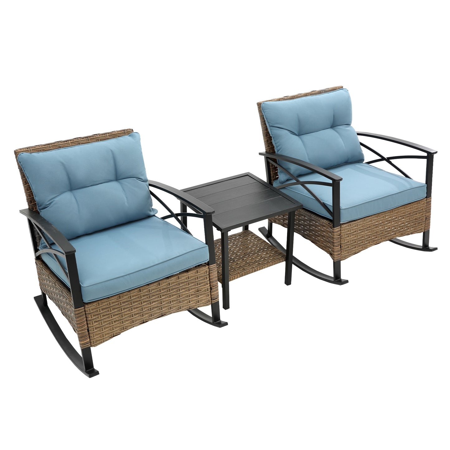 3-Piece Patio Rocking Rattan Set, Outdoor Wicker Rattan Furniture Set w/2 Back Cushions, 2 Seat Cushions, Deck Porch Poolside Furniture Table Set for 2, Blue
