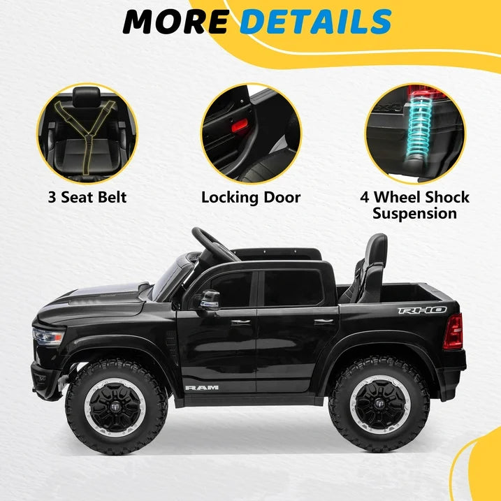 Ride on Car Toys for Kids, Ram 1500 Ride on Truck Toy with Remote Control, 4 Wheels Suspension Electric Car for Boys Girls 3-6 W/Key Switch, Bluetooth, Rear Storage Trunk, Safety Belt