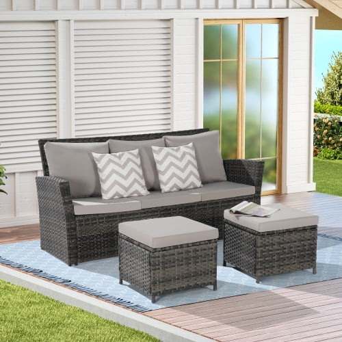 Enyopro 3 Piece Patio Furniture Set with 2 Ottomans, Outdoor Wicker Sofa Rattan Patio Conversation Sets, All-Weather PE Wicker Furniture Sets for Patio Porch Deck Balcony, Beige