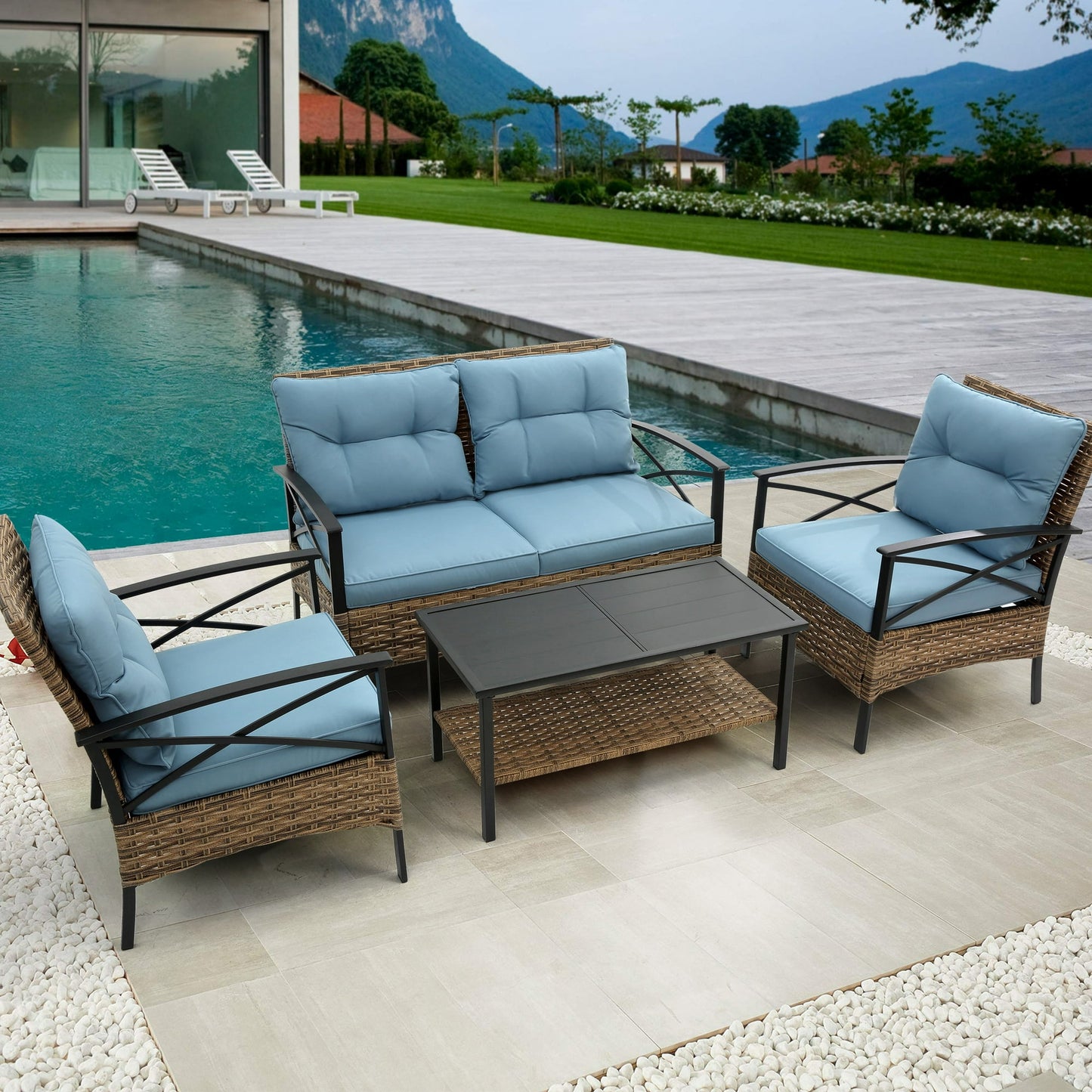 4 Pieces Patio Conversation Sofa Set, Outdoor Sectional Rattan Wicker Furniture w/4 Back & 4 Seat Cushions for Deck Porch Poolside, Gray