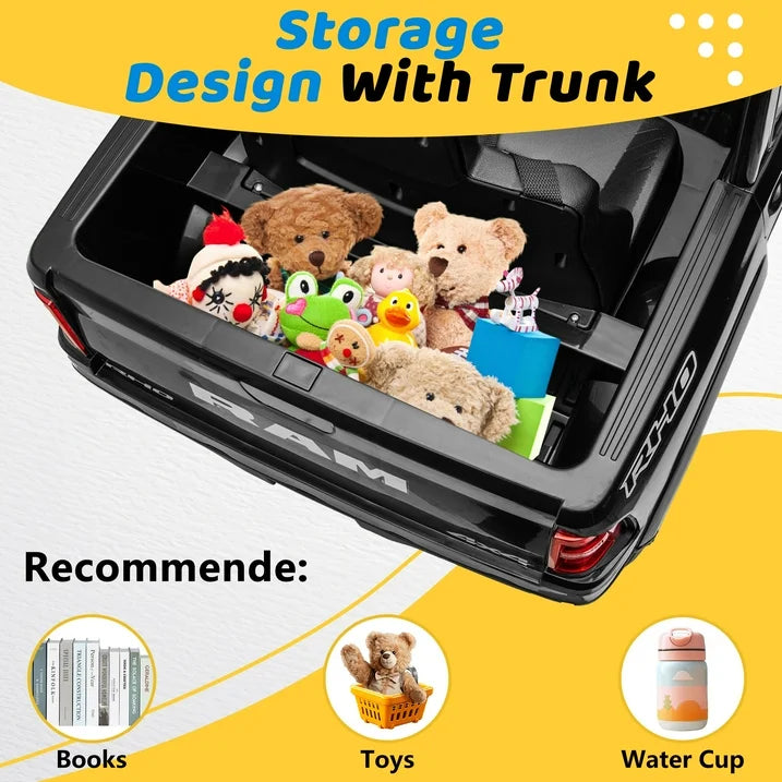 Ride on Car Toys for Kids, Ram 1500 Ride on Truck Toy with Remote Control, 4 Wheels Suspension Electric Car for Boys Girls 3-6 W/Key Switch, Bluetooth, Rear Storage Trunk, Safety Belt