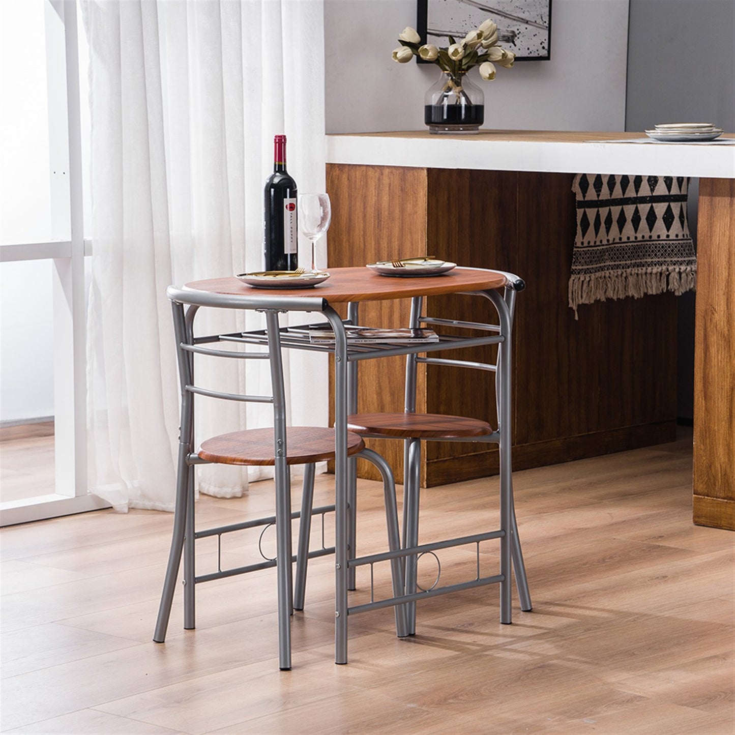 3 Piece Bistro Table Set, Small Kitchen Table Set for 2, Wooden Bar Dining Table Set with Metal Frame & Shelf Storage, Brown