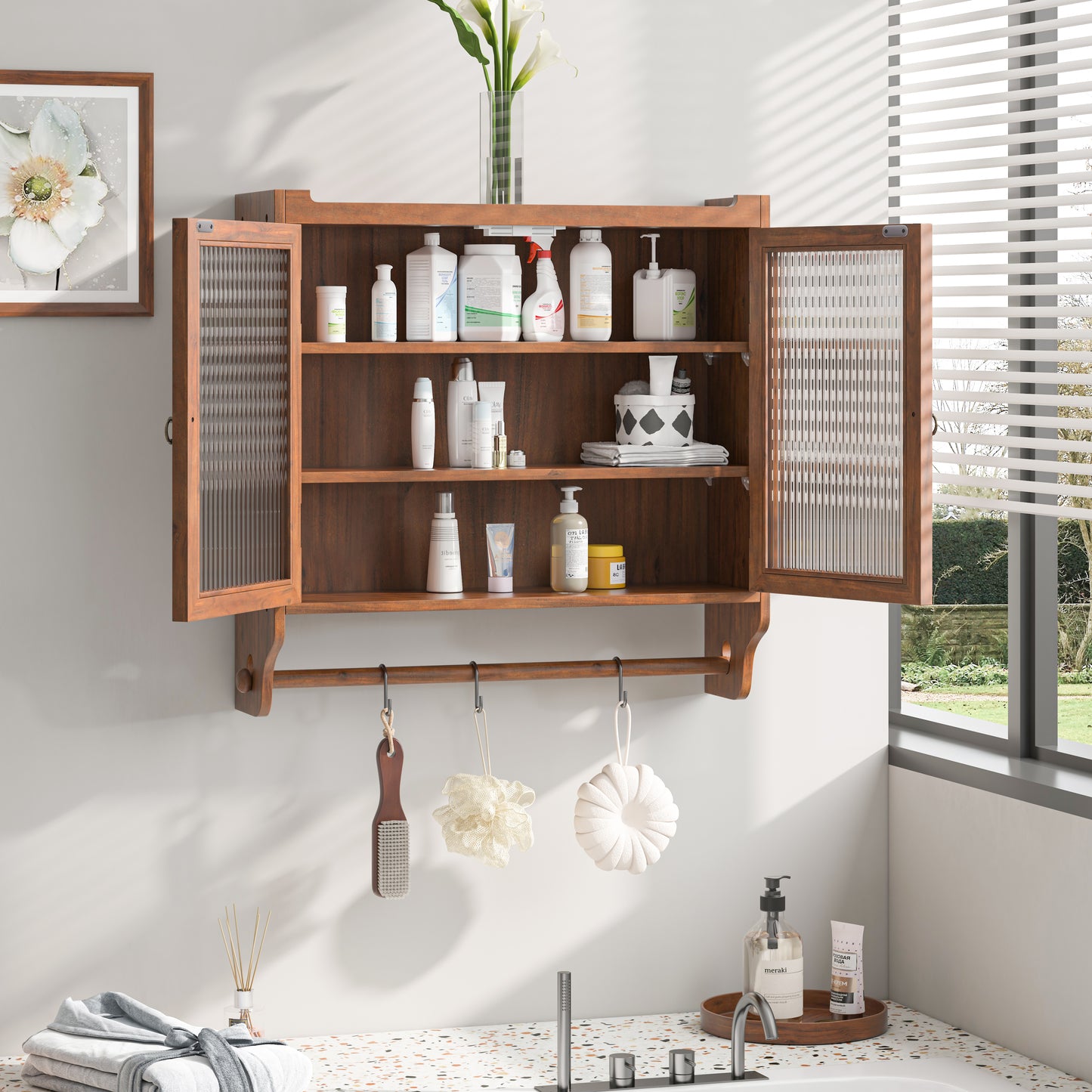SESSLIFE 3-Tier Wall-Mounted with Fluted Glass Doors, 24.8" Rustic Storage Cabinet for Bathroom, Kitchen, Dining Room, Adjustable Shelves and Towel Rack, Natural Color